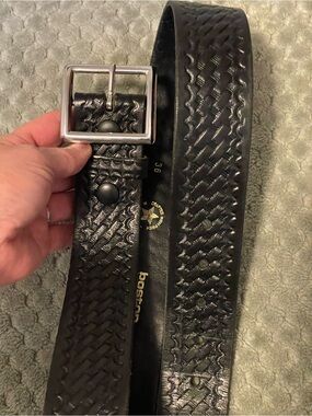 Boston Leather Men's Black Embossed Woven Leather Belt with Polished Buckle